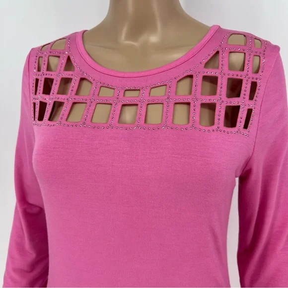 Vocal Top Womens Pink Long Sleeve Cut Out Neckline with Rhinestones Soft Stretch - Picture 3 of 10